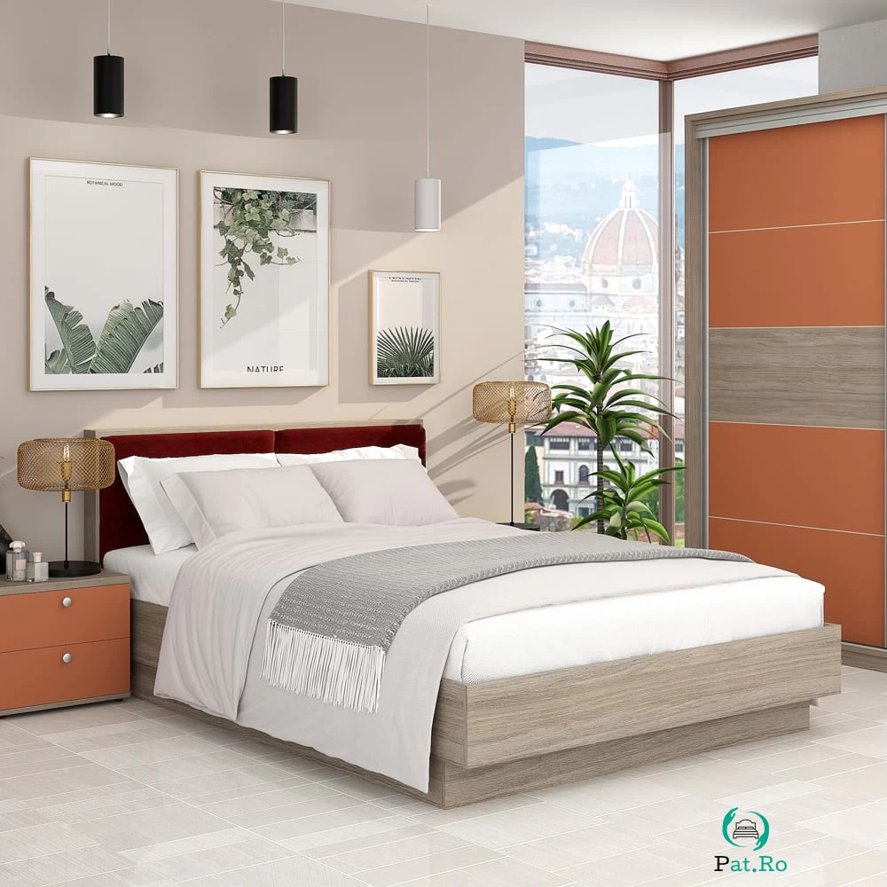 Pat matrimonial PRIMAVERA, suport saltea, Oak, Catifea Rosu Grena la 1,057.00 lei ron