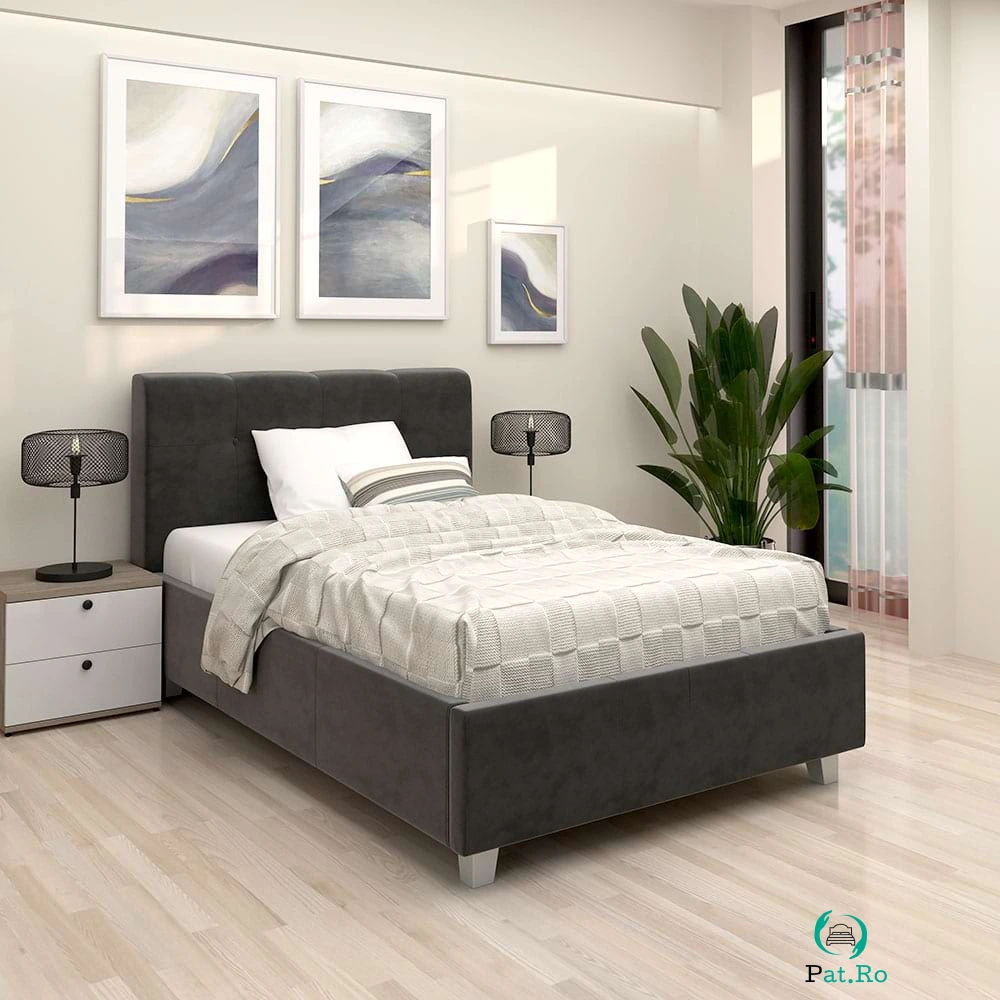 Oferta Pat tapitat de o persoana ARISA, 120x200, suport saltea, catifea Gri cu saltea inclusa la 1,751.00 lei ron