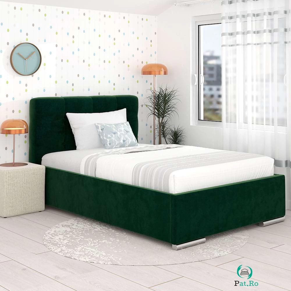 Pat tapitat copii GEORGIA Clasic, 90x200, somiera, Catifea Verde la 1,903.00 lei ron