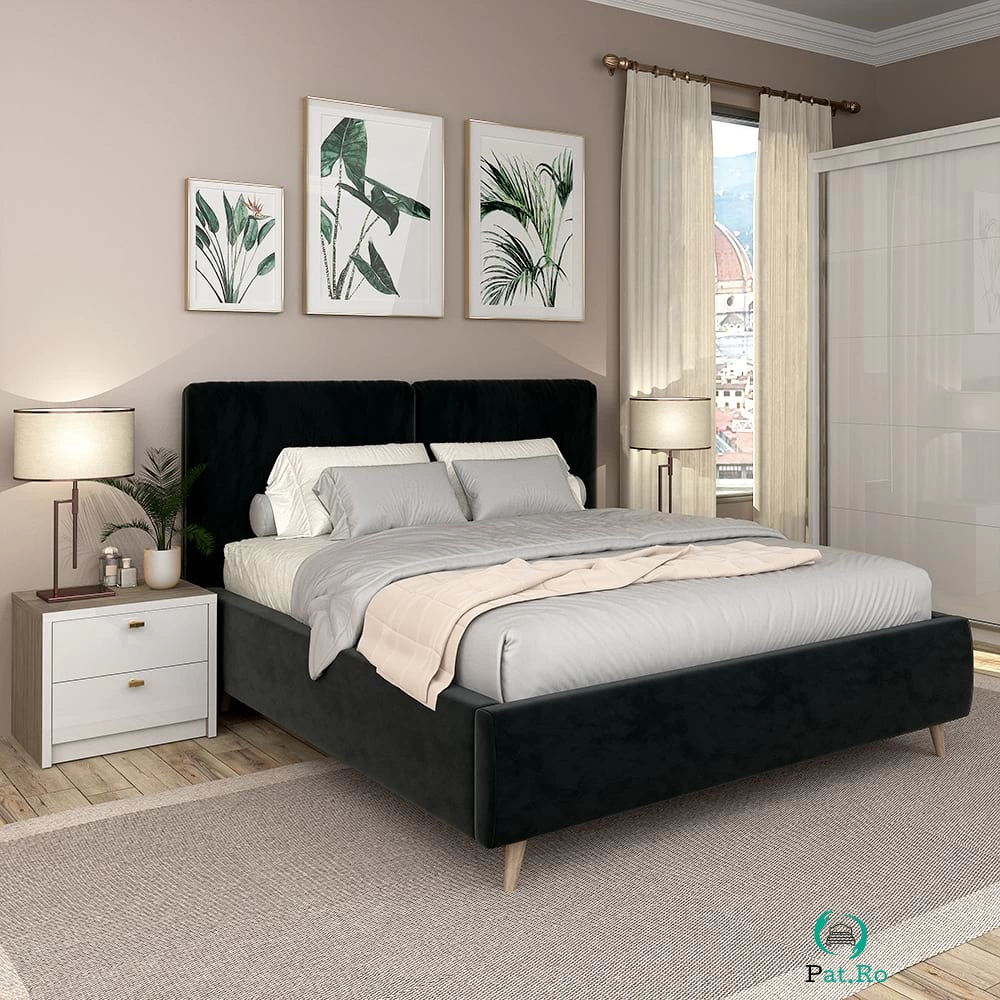 Pat tapitat MONTELLO, 180x200, somiera rabatabila, catifea Neagra la 3,297.00 lei ron