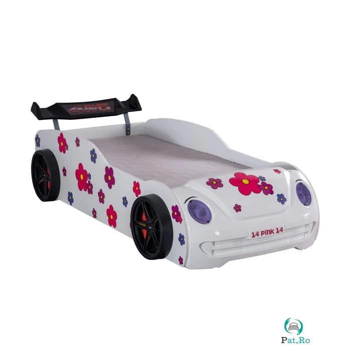 Pat pentru copii masina VOSVOS ECO, cu faruri, lumini led, alb, 90x190 cm la 1,874.00 lei ron