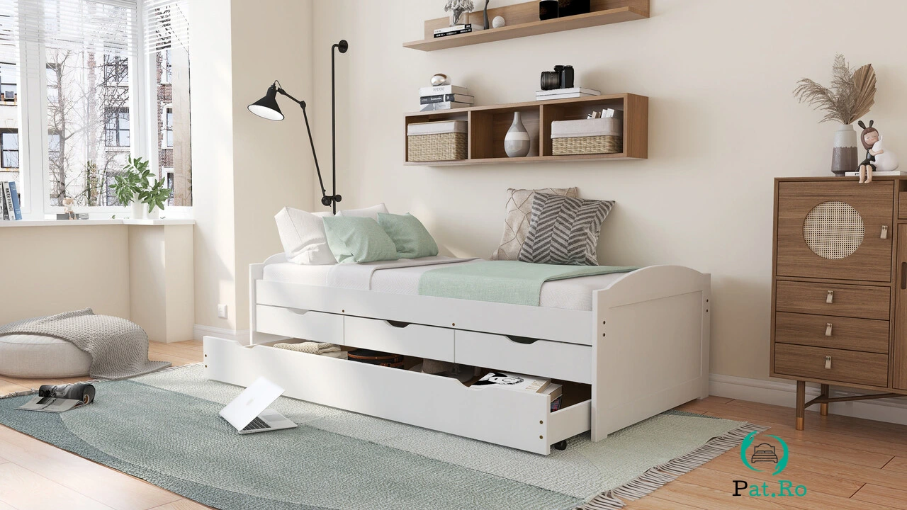 Pat multifunctional pentru o persoana, 90x200 cm, Ulli, Inter Link, lemn, alb la 1,139.00 lei ron