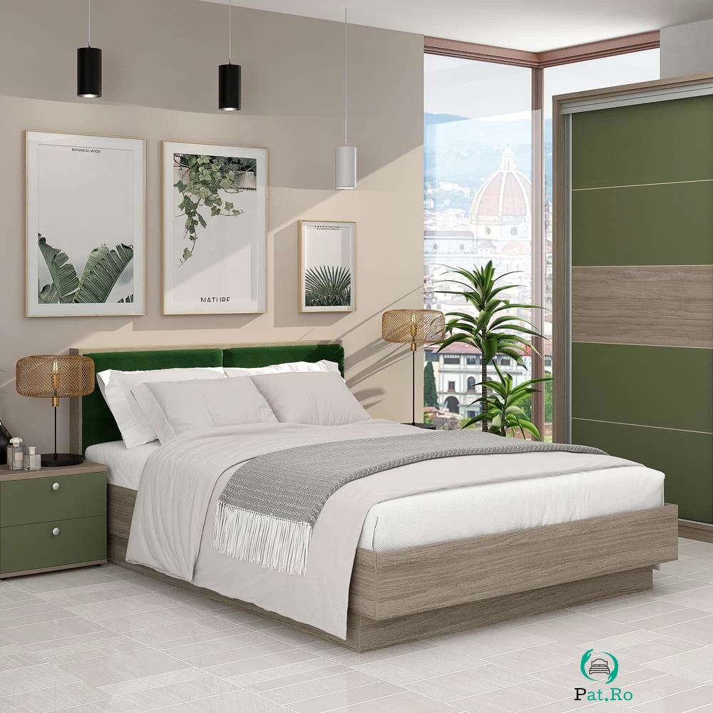 Pat matrimonial PRIMAVERA, suport saltea, Oak, Catifea Verde la 1,067.00 lei ron