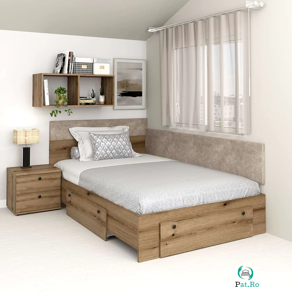 Pat colt de o persoana AMBRO, 120x200, 2 sertare, Stejar la 1,299.00 lei ron