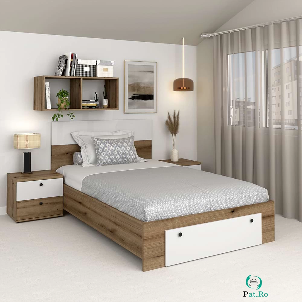 Oferta Pat copii AMBRO, 120x200, sertar frontal, Stejar, Alb cu saltea si noptiere incluse la 2,026.00 lei ron