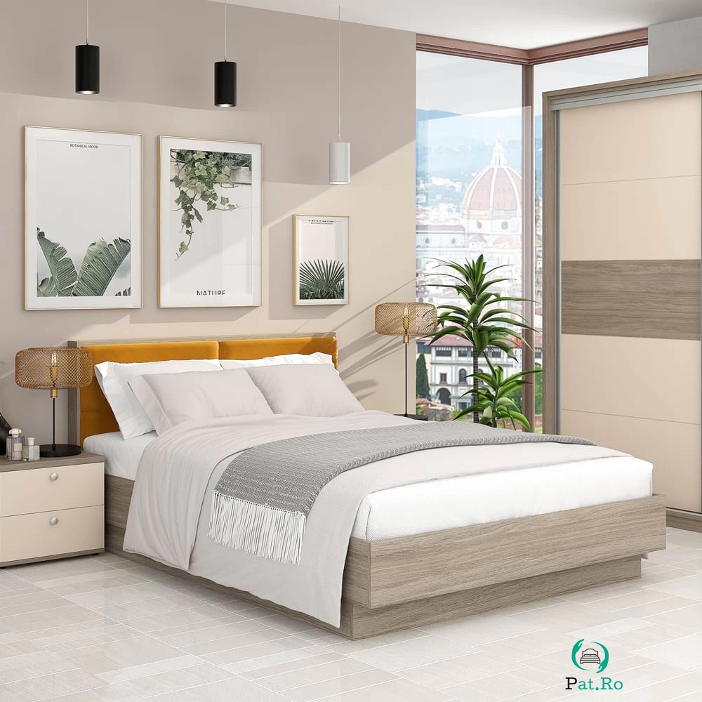 Pat matrimonial PRIMAVERA, suport saltea, Oak, Catifea Galben Mustar la 1,067.00 lei ron