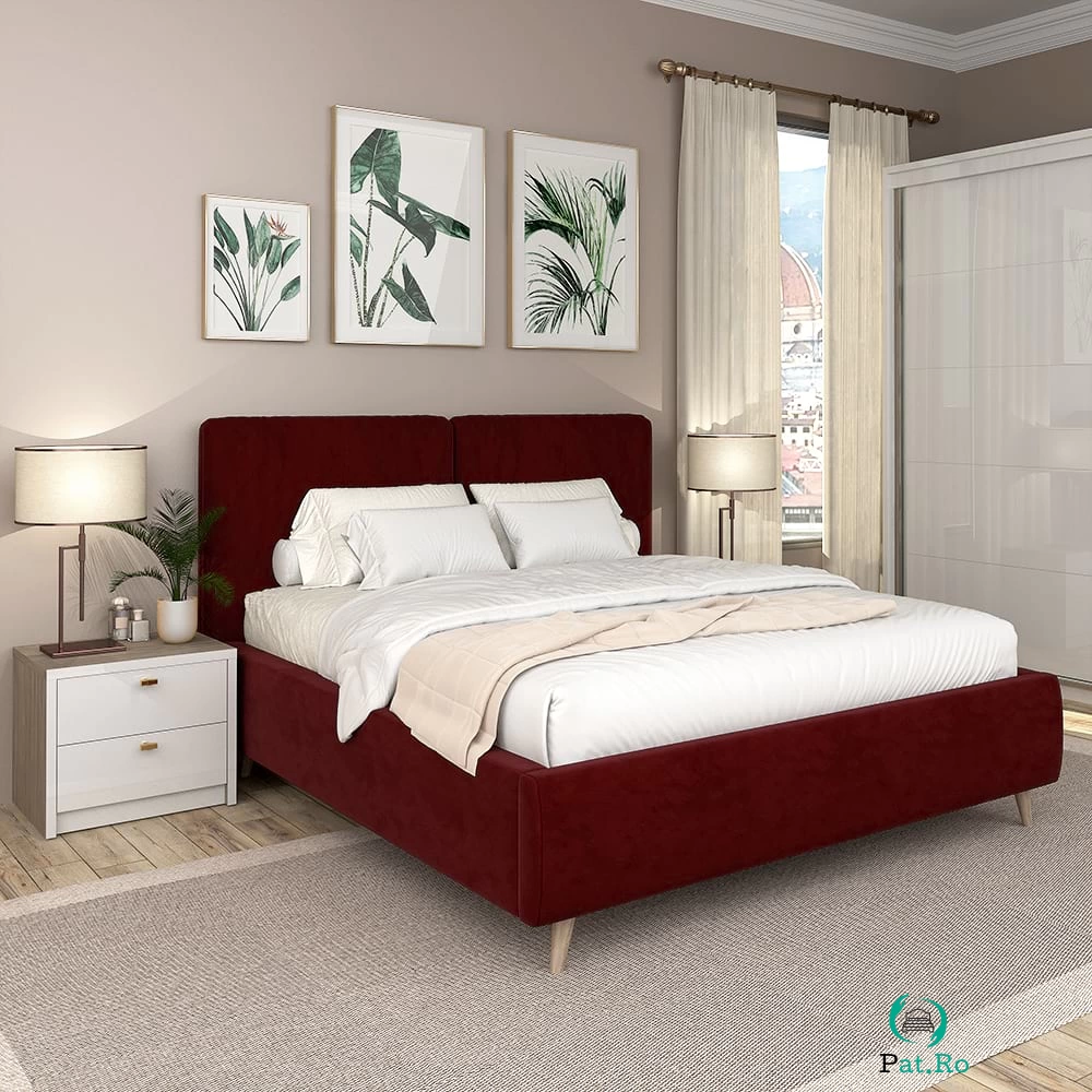 Pat tapitat MONTELLO, 180x200, somiera rabatabila, catifea Rosu Grena la 3,297.00 lei ron