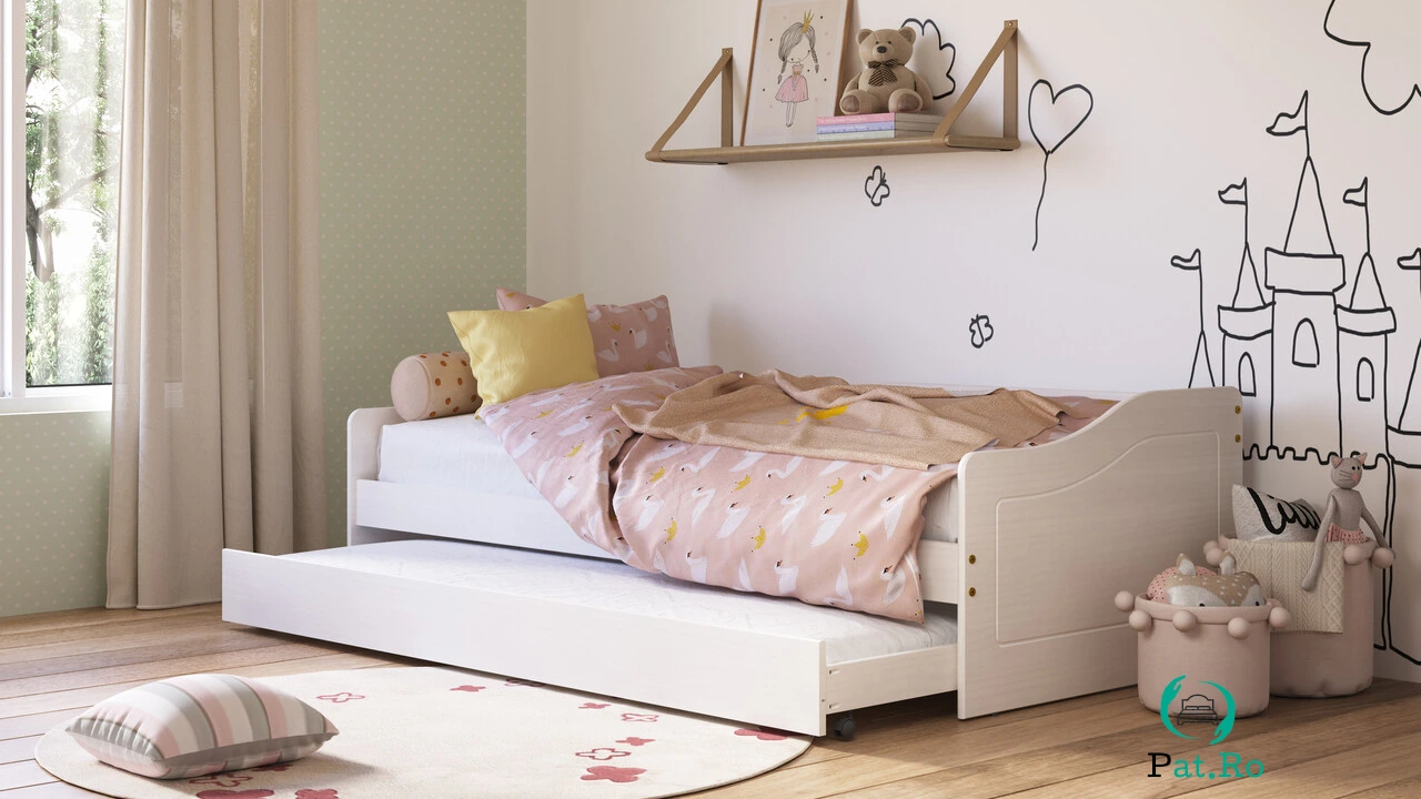 Pat multifunctional pentru o persoana, 90x200 cm, Leonie 23, Inter Link, lemn, alb la 952.00 lei ron