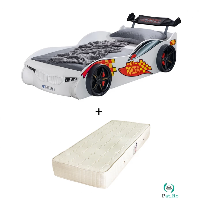 Pat pentru copii masina ECO RACE, alb + Saltea Superortopedica cu arcuri, 90x190 cm la 1,878.00 lei ron