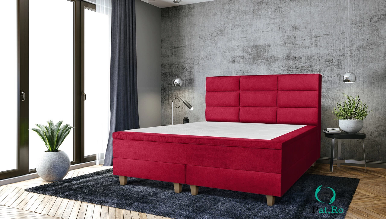 Pat matrimonial, Stockholm, Harmony E, 140x200 cm, saltea tip Pocket, topper memory, Rosu la 4,724.00 lei ron