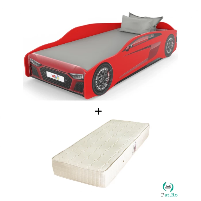 Pat pentru copii masina ULTRA ECO, rosu + Saltea Superortopedica cu arcuri, 90x190 cm la 1,378.00 lei ron