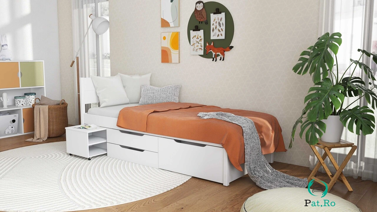 Pat pentru o persoana, 90x200 cm, Efetivo, Inter Link, lemn, alb la 1,331.00 lei ron