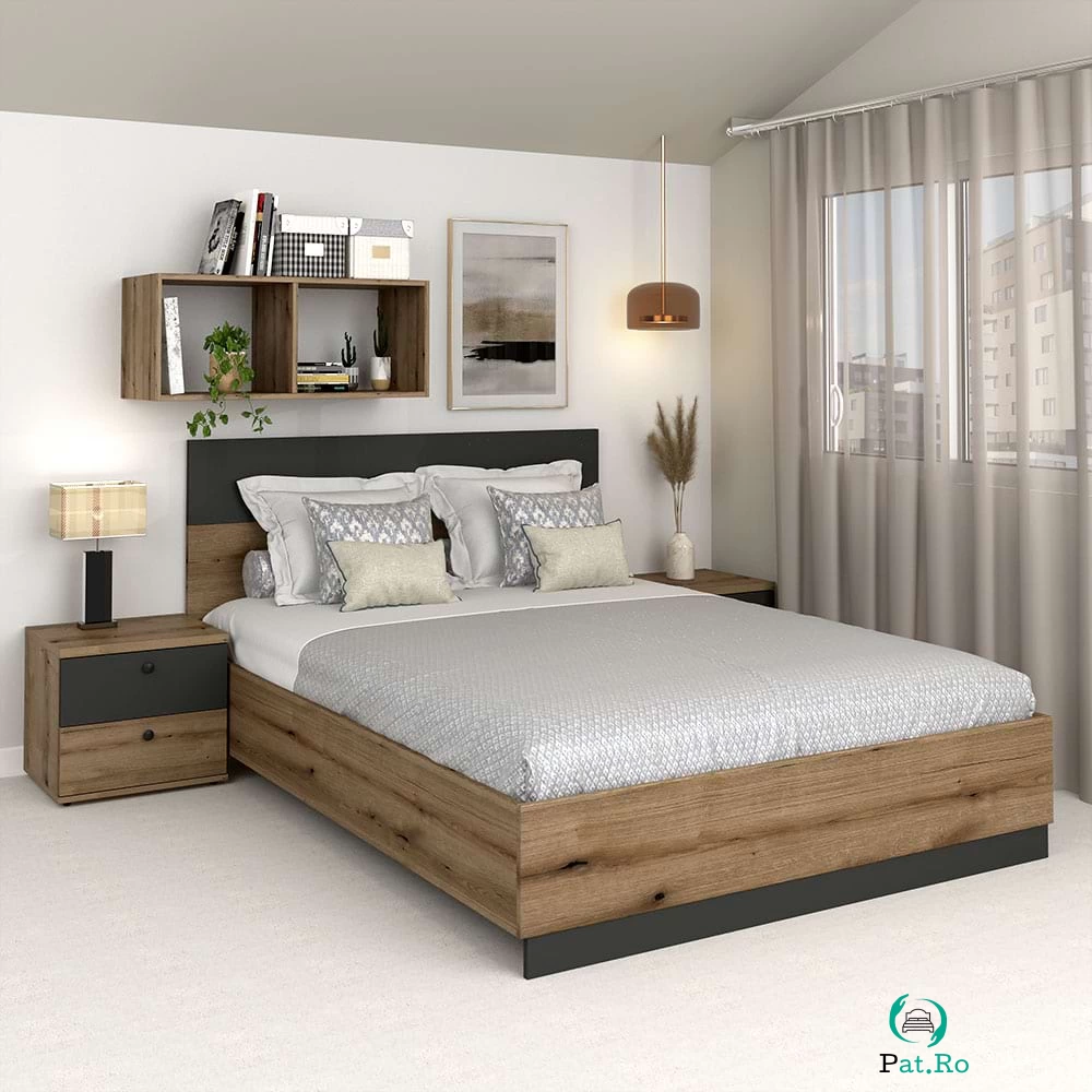 Oferta Pat matrimonial AMBRO, 160x200, Stejar, Antracit cu saltea inclusa la 1,672.00 lei ron