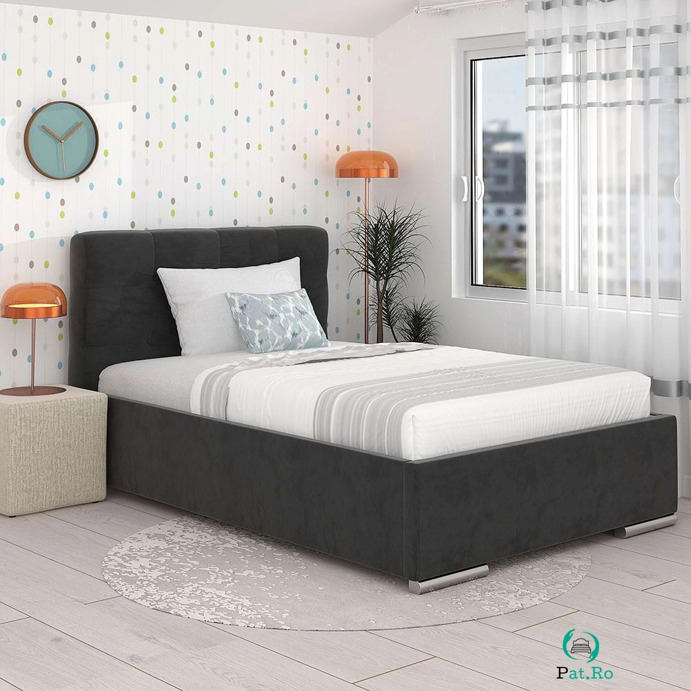 Pat tapitat de o persoana GEORGIA Clasic, 120x200, somiera, Catifea Gri