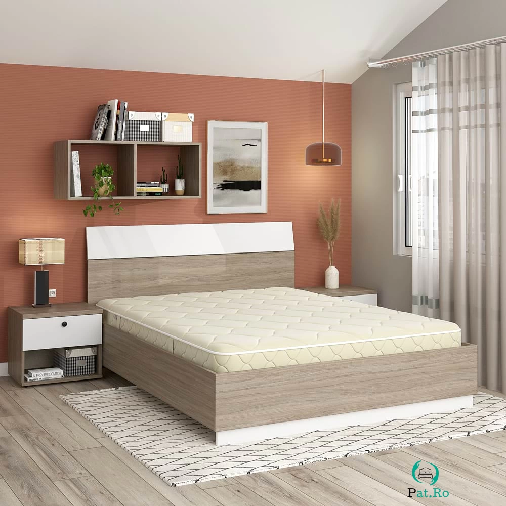 Oferta Pat matrimonial AMBRO, Oak, Alb, cu saltea si noptiere incluse la 1,911.00 lei ron