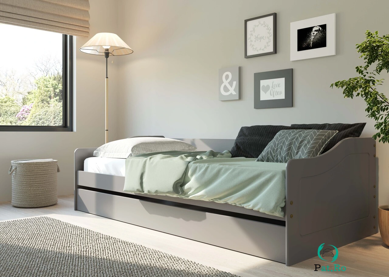 Pat multifunctional pentru o persoana, 90x200 cm, Leonie 23, Inter Link, lemn, gri la 952.00 lei ron