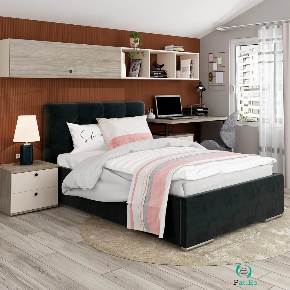 Pat tapitat copii GEORGIA Clasic, 90x200, somiera, Catifea Neagra la 2,148.00 lei ron