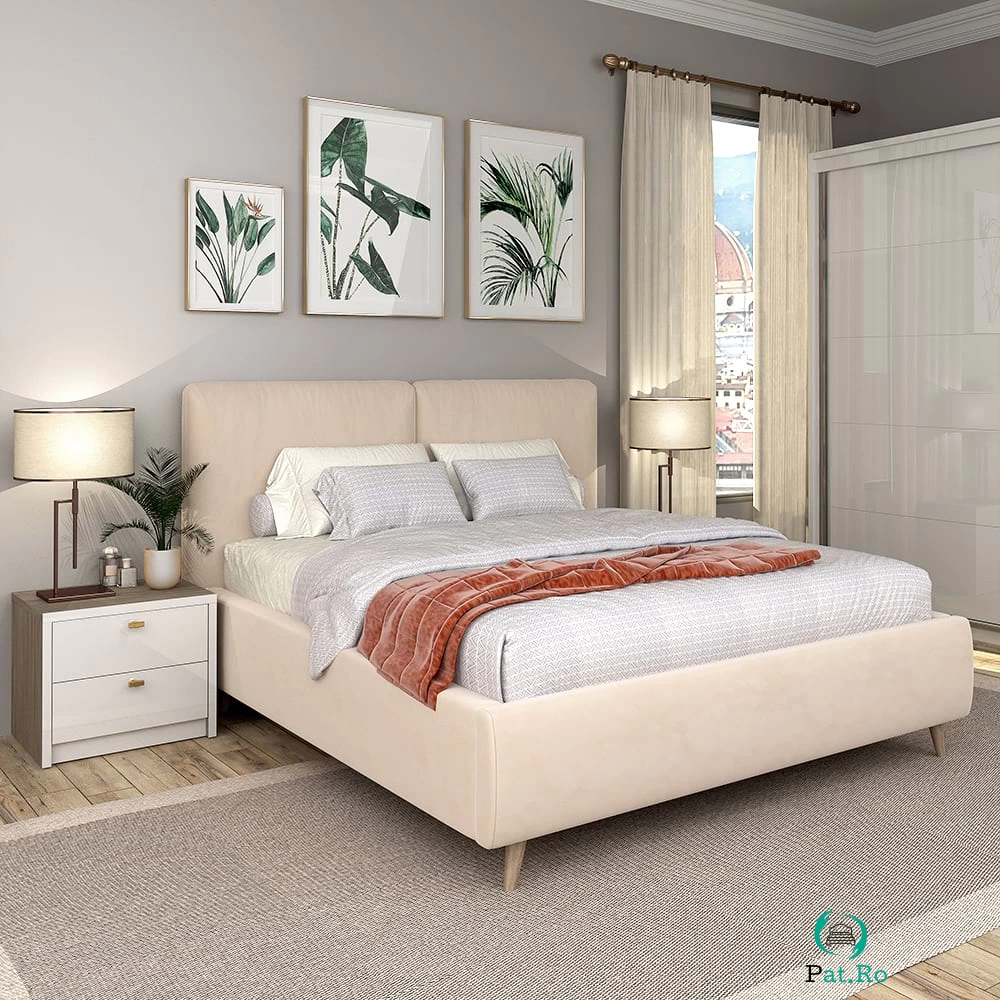 Pat tapitat MONTELLO, 140x200, somiera rabatabila, catifea Bej la 2,608.00 lei ron