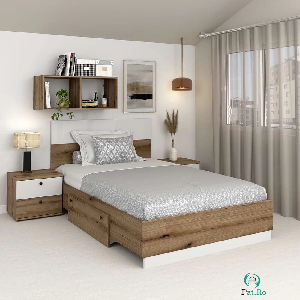 Pat copii AMBRO, 90x200, sertar lateral, Stejar, Alb la 777.00 lei ron