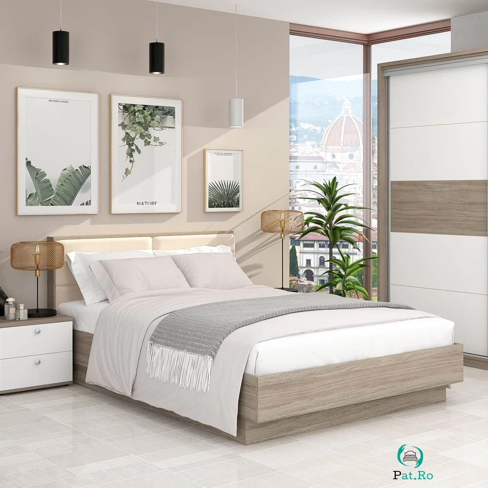 Pat matrimonial PRIMAVERA, suport saltea, Oak, Catifea Bej la 1,051.00 lei ron