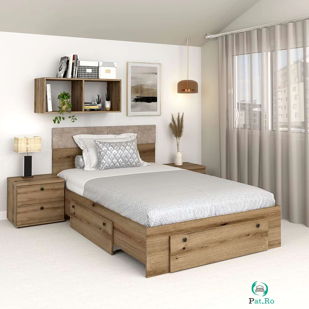 Oferta Pat copii AMBRO, 90x200, 2 sertare, Stejar cu saltea si noptiere incluse la 2,136.00 lei ron