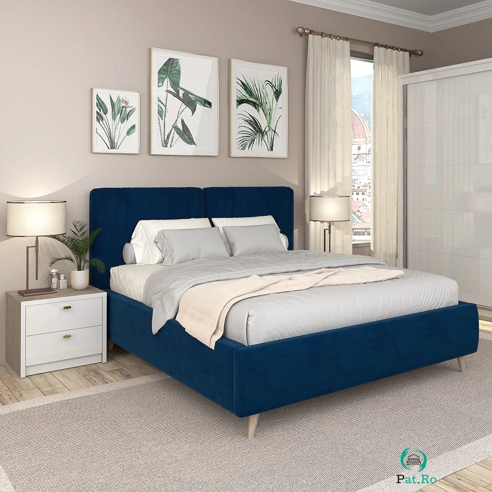Pat tapitat MONTELLO, 180x200, somiera rabatabila, catifea Albastru la 3,297.00 lei ron