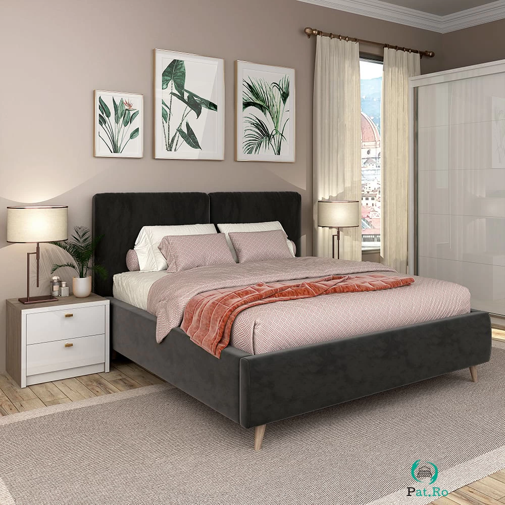 Pat tapitat MONTELLO, 180x200, somiera rabatabila, catifea Gri la 3,297.00 lei ron