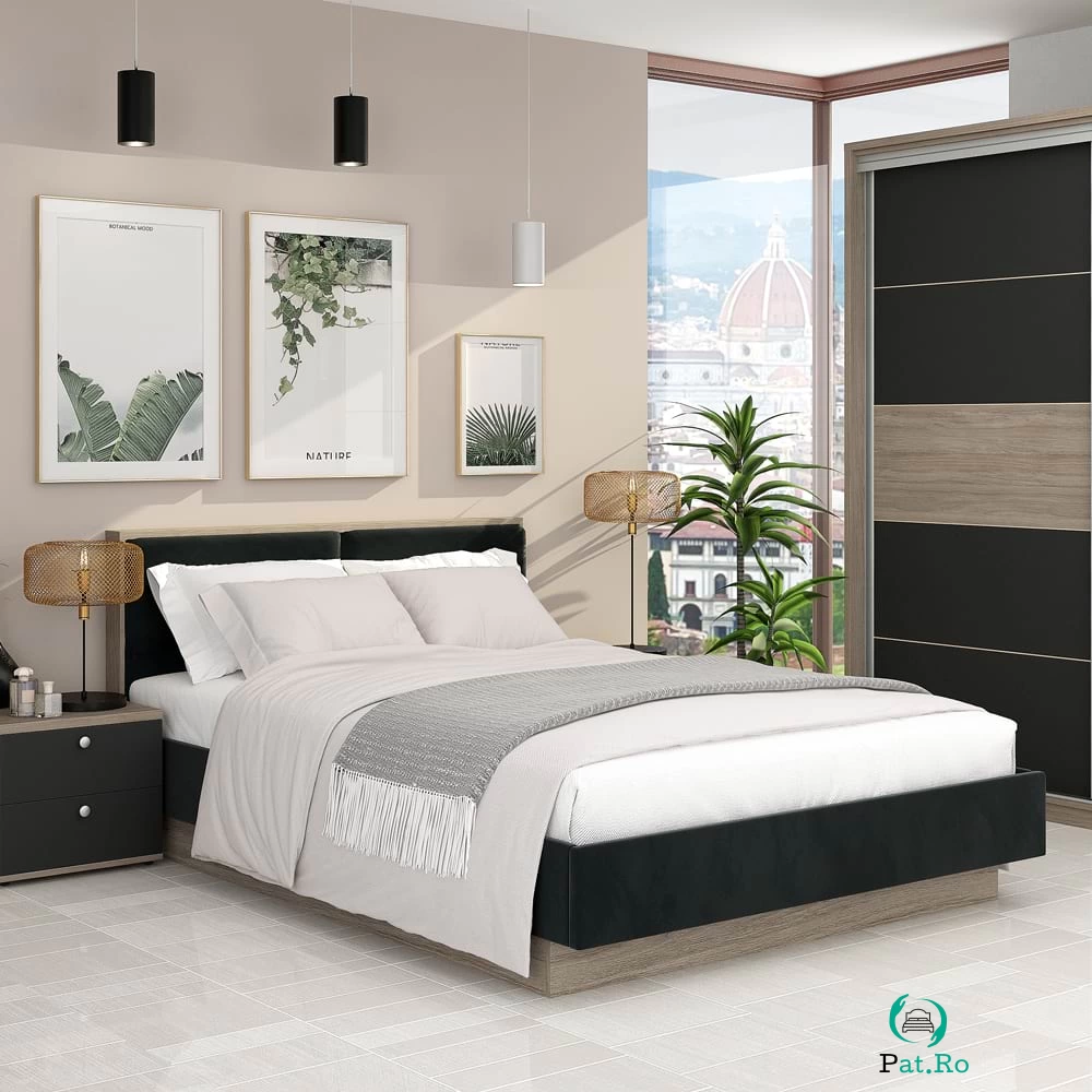 Pat matrimonial PRIMAVERA 160x200, Oak, Catifea Neagra la 1,350.00 lei ron