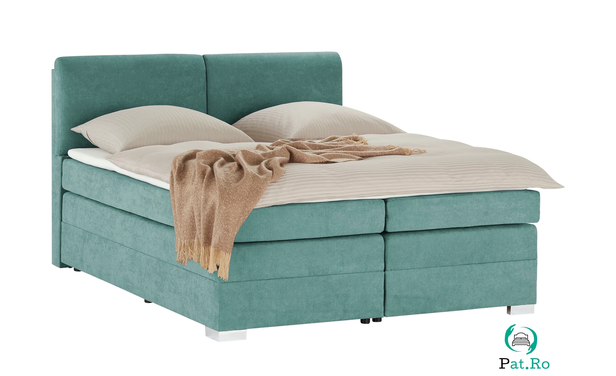 Pat Boxspring Charlotte, cu ladă de depozitare, saltea și topper incluse