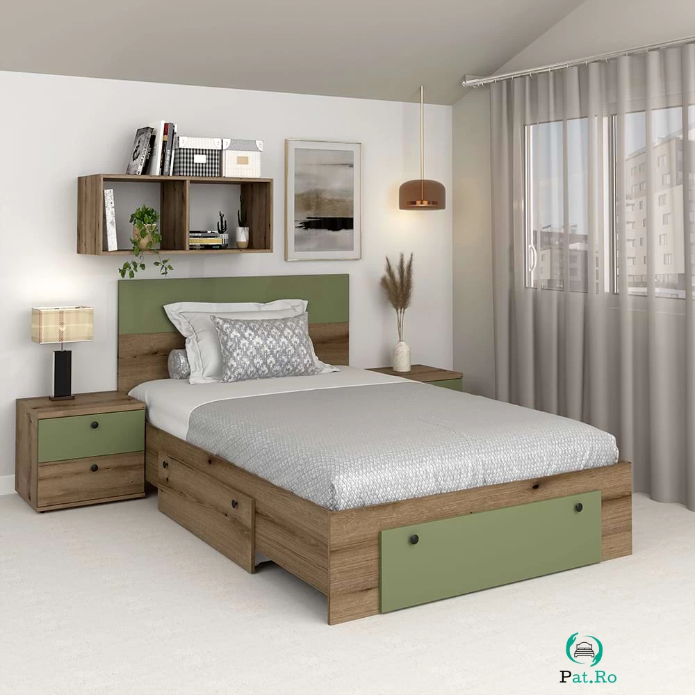 Pat copii AMBRO, 120x200, 2 sertare, Stejar, Pesto