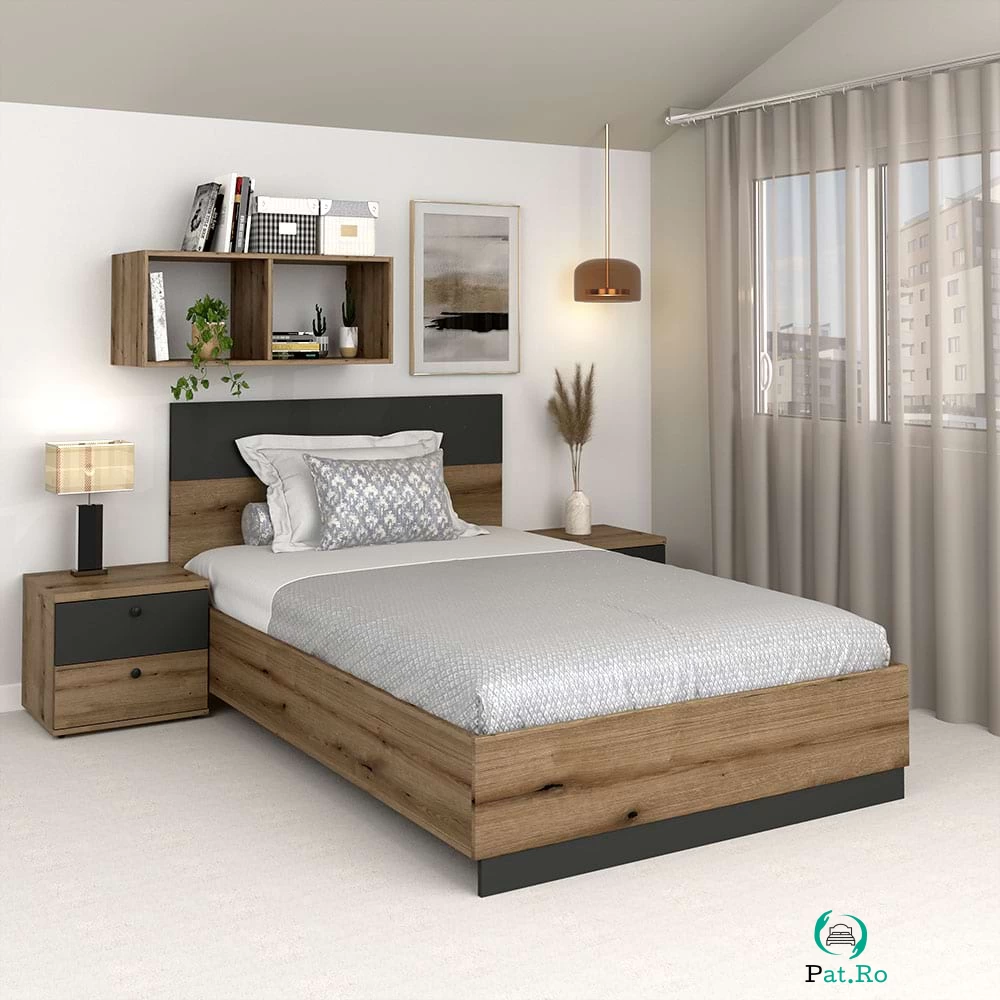 Pat de o persoana AMBRO, 120x200, Stejar, Antracit la 718.00 lei ron