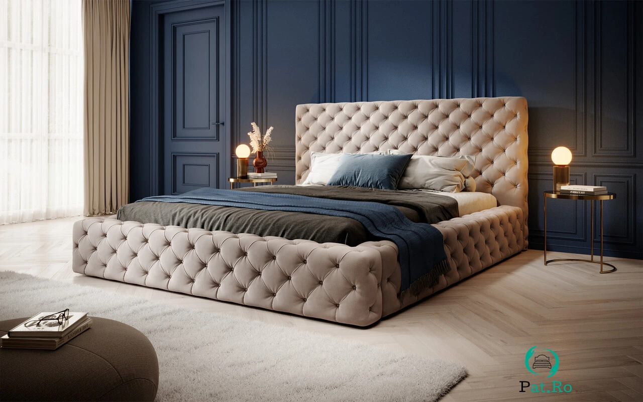 Pat tapitat cu somiera rabatabila si lada depozitare, 160x200 cm, ELTAP, Princce, metal/poliester, bej