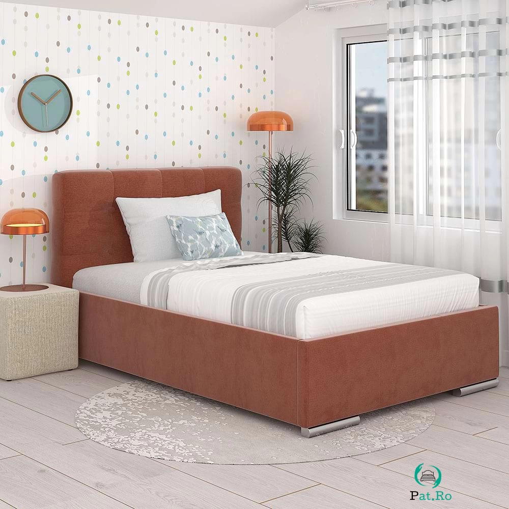 Pat tapitat copii GEORGIA Clasic, 90x200, somiera, Catifea Roz la 1,829.00 lei ron