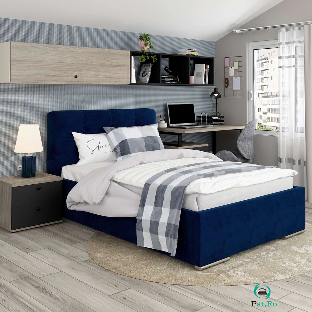 Pat tapitat copii GEORGIA, 90x200, somiera, Catifea Albastra la 1,881.00 lei ron
