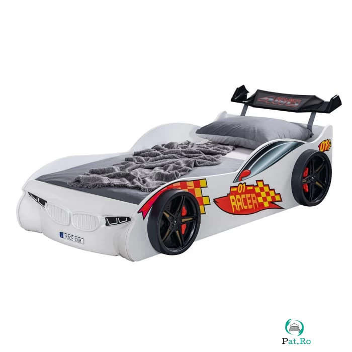 Pat pentru copii masina ECO RACE, alb, 90x190 cm la 1,499.00 lei ron