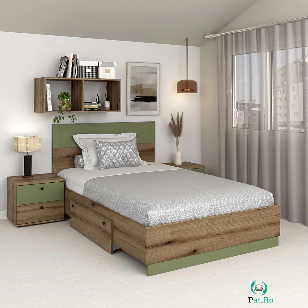 Pat copii AMBRO, 90x200, sertar lateral, Stejar, Pesto la 767.00 lei ron