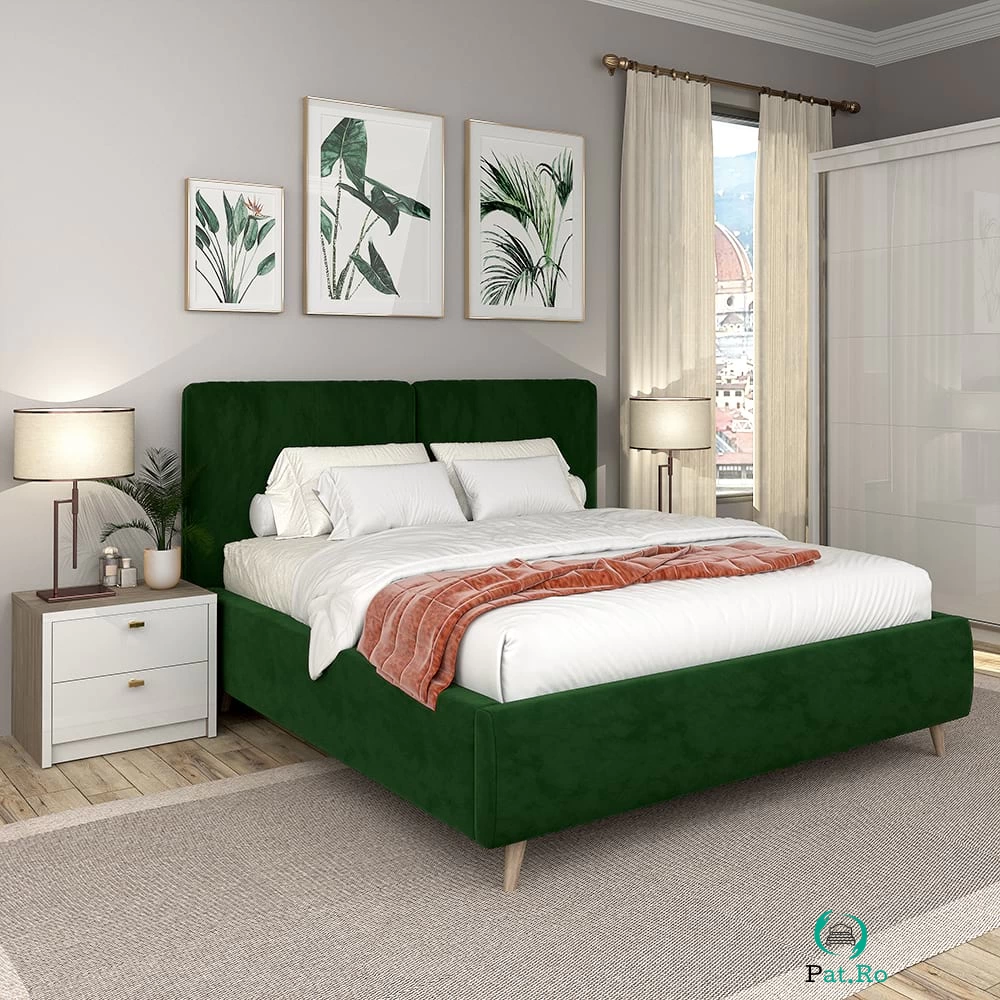 Pat tapitat MONTELLO, 160x200, somiera rabatabila, catifea Verde la 3,097.00 lei ron