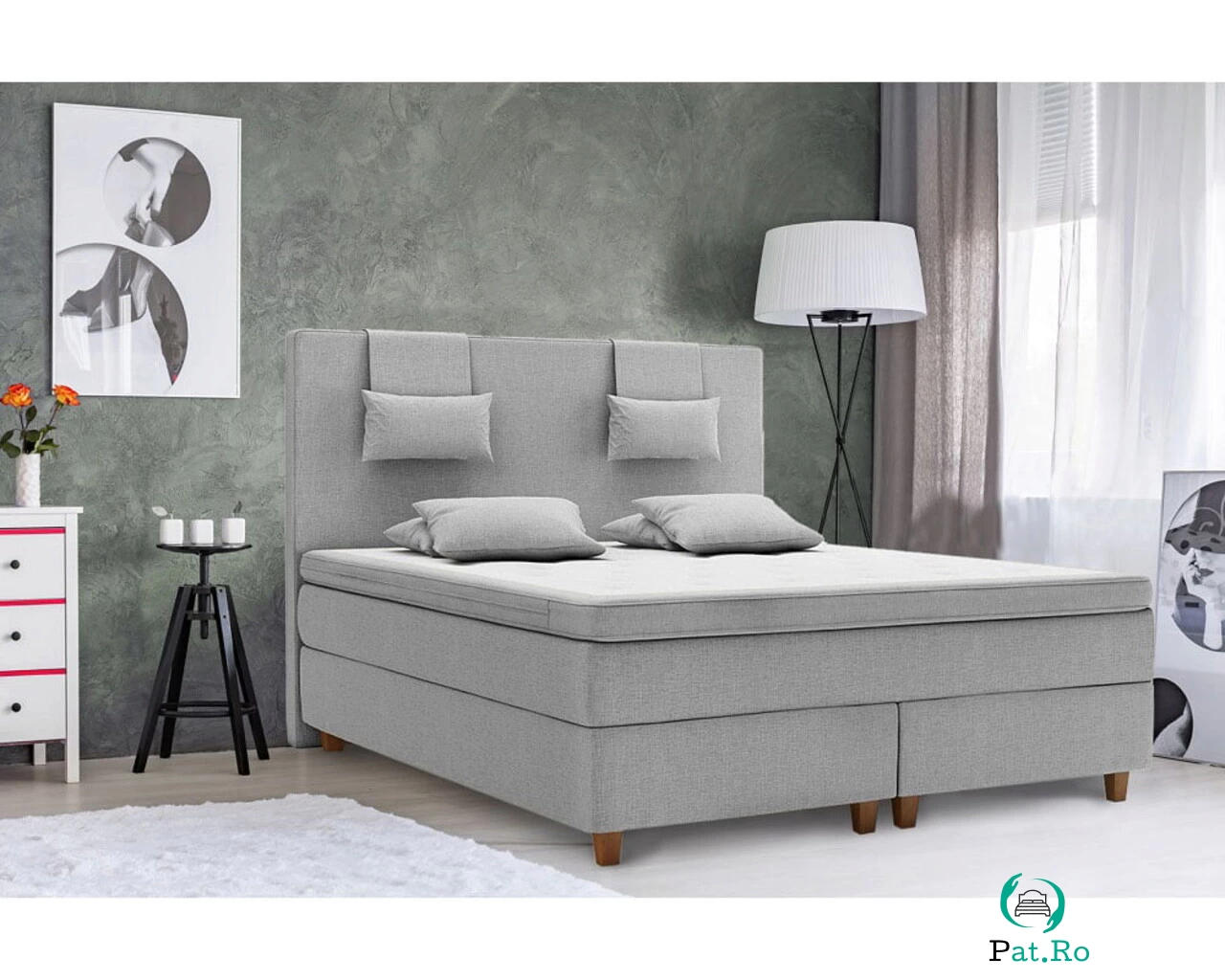 Pat matrimonial, Liding Boxspring, 180x200 cm, saltea tip Pocket, topper, Gri
