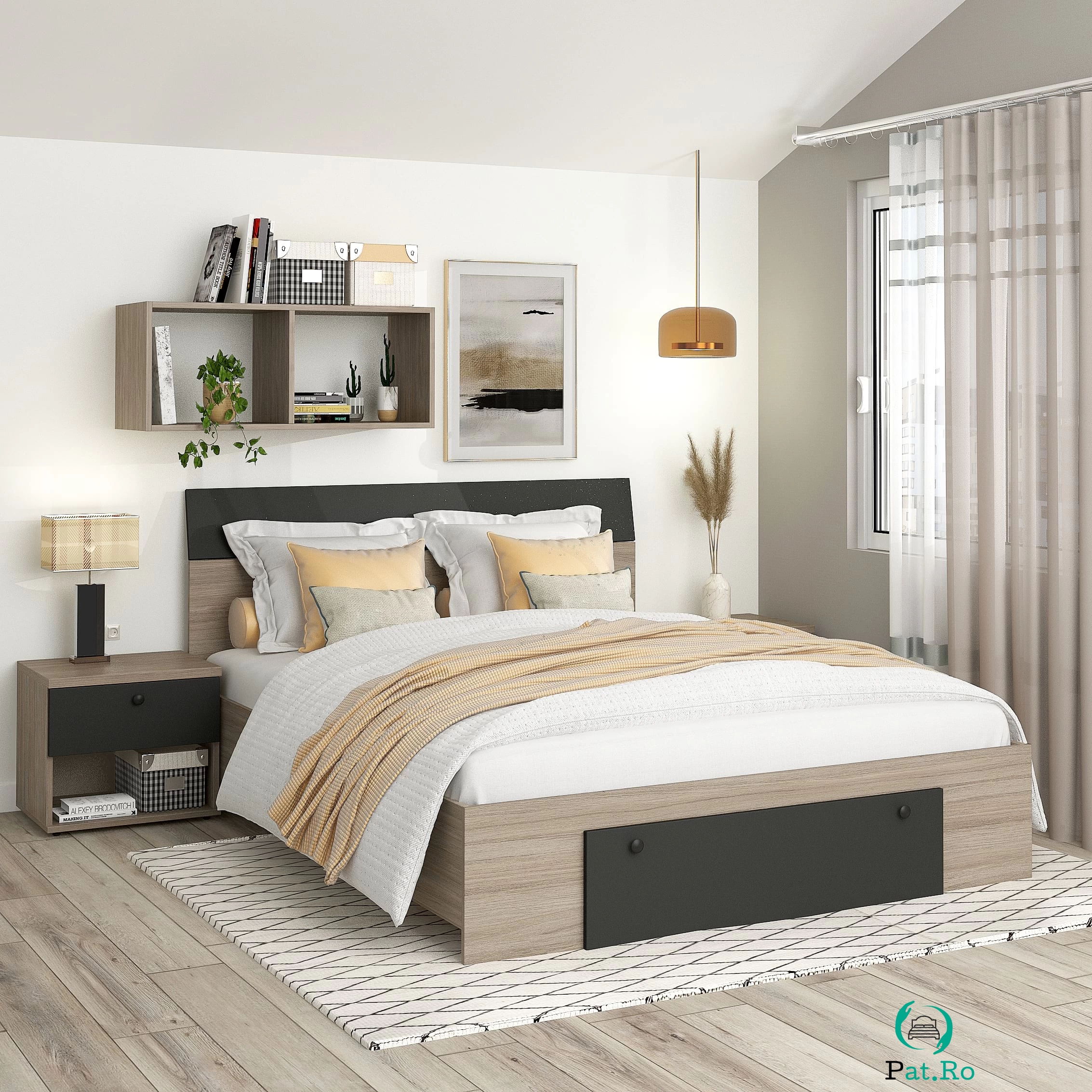 Oferta Pat matrimonial AMBRO, sertar frontal, Oak, Antracit, cu saltea inclusa la 1,592.00 lei ron