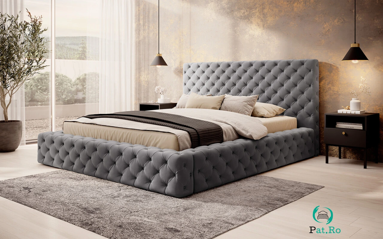 Pat tapitat cu somiera rabatabila si lada depozitare, 140x200 cm, ELTAP, Princce, metal/poliester, gri inchis